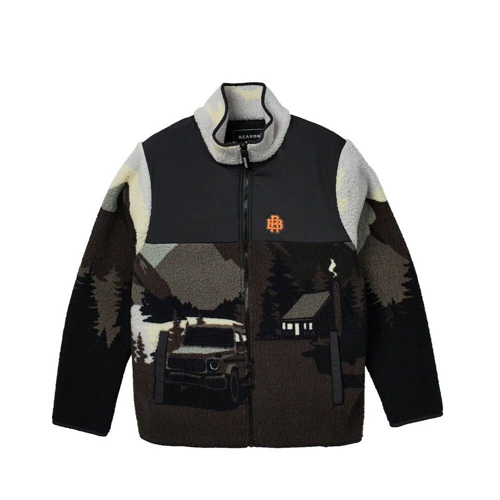 Reason Fleece Jacket Men's Large Black Gray Allover Print Mountain Pattern